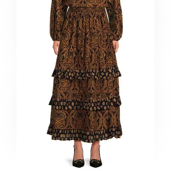 NWT A Loves A XS Damask Print Voile High Rise Ruched Tiered Flounce Maxi Skirt - Picture 1 of 10